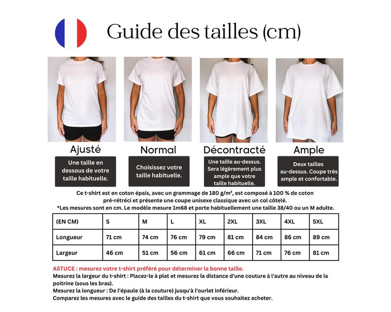 May include: A white t-shirt size guide in French, with measurements in centimeters. The guide shows four different fits: Fitted, Normal, Relaxed, and Wide. Measurements for sizes S to 5XL are provided, including length and width.