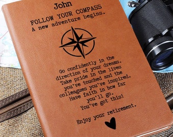 May include: A brown leather journal with the name "John" and the text "FOLLOW YOUR COMPASS A new adventure begins." A compass rose graphic is centered above inspirational text. The journal is on a map.