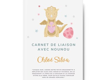 Carnet de liaison nounou en français - cahier de liaison assistante maternelle personnalisé - avec dessin de dragon - couverture rigide
