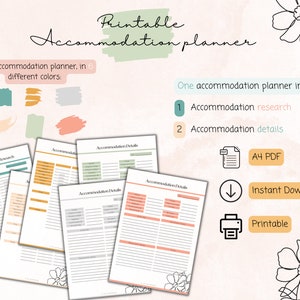 Printable Accommodation Planner | Digital Accommodation Planner | Backpacking Accommodation Planner | Modern, Minimal | A4 PDF Template