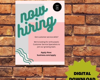 Hiring sign template, boho style, editable custom poster for job opening, printable, downloadable, fully editable, canva template, business