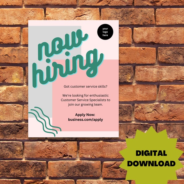 Hiring sign template, boho style, editable custom poster for job opening, printable, downloadable, fully editable, canva template, business