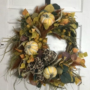 Fall Pumpkin and Leaf Wreath with Rust Pampas and Cheetah Bow - Modern Autumn Door Decor with Realistic Pumpkins - Outdoor Fall and