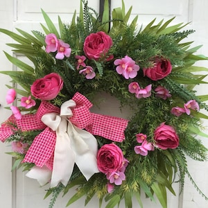 Pink Flower Wreath with Roses and Bamboo Leaves, Pink Front Door Wreath, Pink Back Door Wreath, Pink Porch Wreath, Bright Pink Wreath