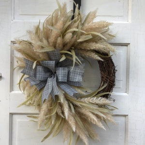 Pampas Style Wreath | Farmhouse Door Decor with Gray Bow | Modern Boho Home Decor | Handmade Year Round Wreath