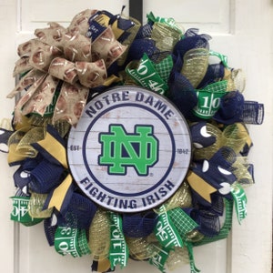 Notre Dame Spirit Wreath for Fans, Students & Alumni in South Bend, Indiana - Blue - Gold with Ribbons - Tin Sign for Fighting Irish Pride