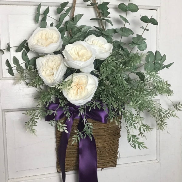 Basket for Door, Flower Basket, Welcome Basket, Summer Door Basket, Spring Door Basket, Basket Door Hanger, Cream Roses Wreath