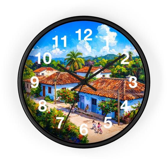 Beautiful village scene Wall Clock, Vintage Home Decor, Colorful Town Scene, Perfect for Living Room, Unique Gift Idea, Timeless Decoration