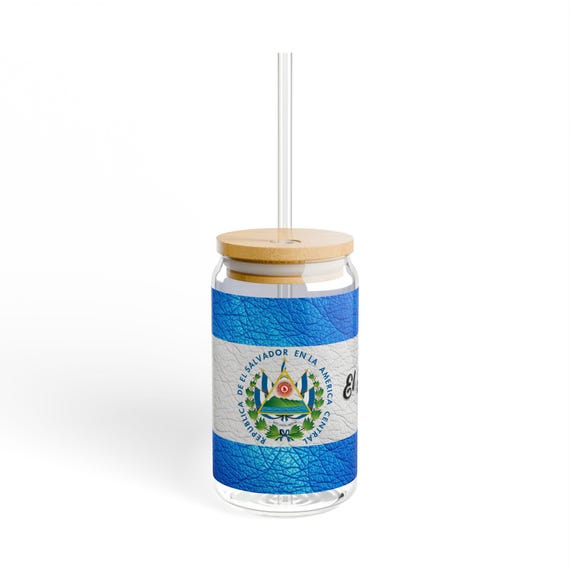 El Salvador Inspired Sipper Glass, 16oz - Unique Gift for Coffee Lovers, Kitchen Decor, Travel Mug, El Salvador Drinkware