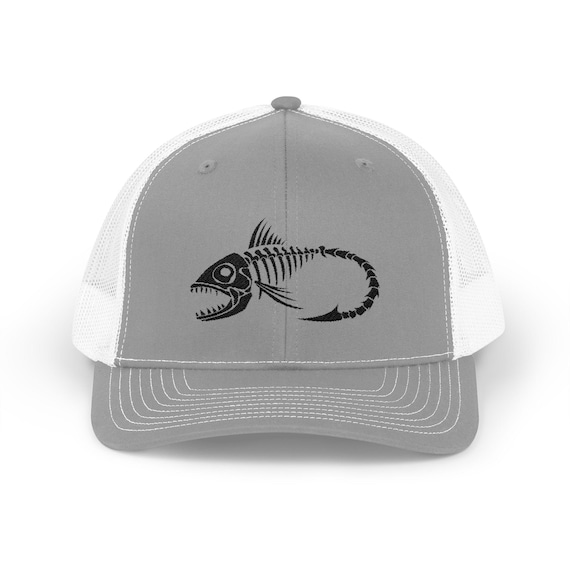 Edgy Fish Skull Snapback Cap, Embroidered Trucker Hat for Fishermen, Fishing Gifts, Casual Outfit Accessory, Outdoor Gear, Summer Style