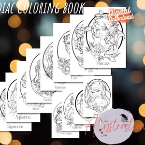 Herunterladbare Zodiac Coloring Pages, 12-teiliges Set Zodiac Art, Zodiac Gifts for her, Coloring Book