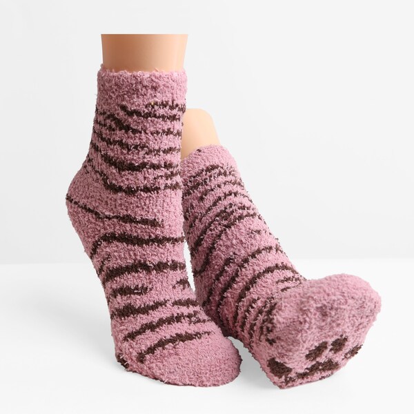 Holiday Gift for her/ him. Cute Tiger Print Luxury Soft Mini-crew Unisex Socks W/ Paw Print. Warm Fleece Fall/ Winter Socks. Cat Lovers.