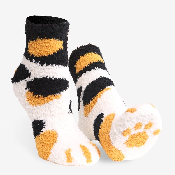 Holiday Gift for her Cute Cat Socks with Paw Print Warm Fleece Cat Lovers Tabby Cat Ginger Cat for Christmas Gifts for Cat person mini-crew