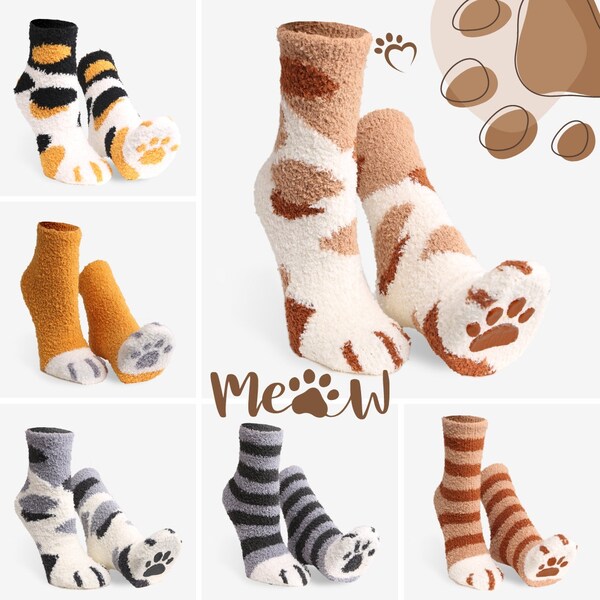 6pairs Packed Socks for Holiday Gift for her Cute Cat Paw Socks Warm Fleece Cat Lovers Tabby Cat Ginger Cat Gifts for Cat person mini-crew