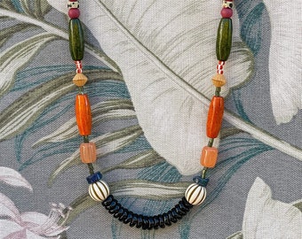 Retro beaded necklace, wood bead necklace, mixed media, tiki inspired necklace