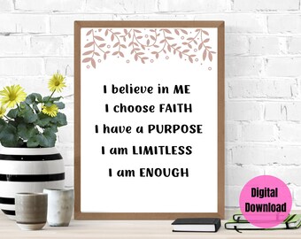 I Believe In Me Printable Wall Art, Self-Love Printable. Mindfulness Gift for Positive Energy and Self-Care