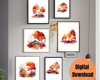 Set of 6 Colorful Fall Printable Wall Art, Watercolor Fall Decor, Autumn Decor, Thanksgiving Decor