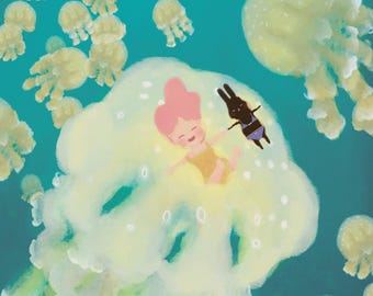 Vast as the Ocean, Cute jellyfish print, Bunny print,  Art prints,  wall decor, room decor, poster, cute prints, jellyfish, bunny