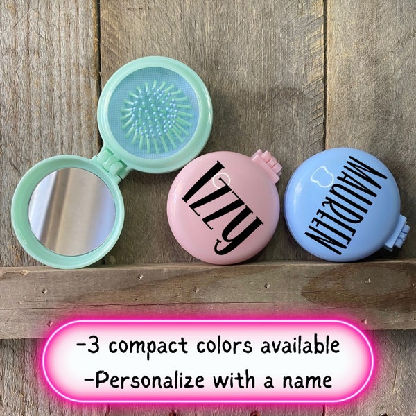 Hairbrush & Mirror for Girl, Personalized Compact Folding Hair Brush, Custom Party Favor, Gift for Daughter, Birthday Present Granddaughter
