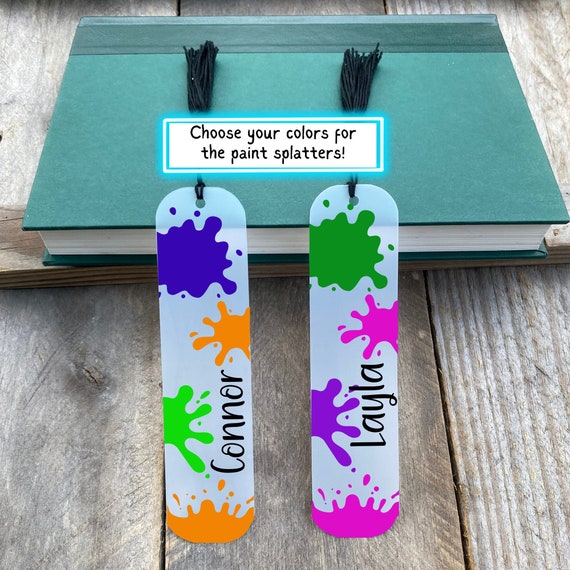 Fun Bookmark for Kid, Personalized Book Mark for Boy, Custom Name Gift for Girl, Paint Splatter Birthday Party Favor, Reading Gift for Child