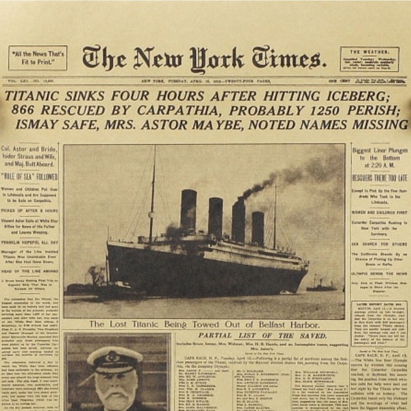 Vintage-Poster zur Geschichte des Titanic-Schiffswracks der New York Times – altes Kraftpapier im Zeitungsstil