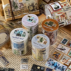 Cinta washi, pegatinas estilo sello vintage: para collages decorativos, diarios, álbumes, scrapbooking y manualidades.