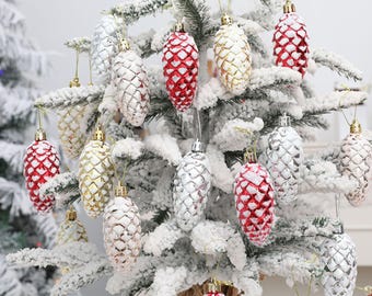 Painted Pine Cone Christmas Ornaments Set of 5 | Rustic Holiday Tree Decorations | Natural Wood Hanging Ornaments | Christmas Party Decor