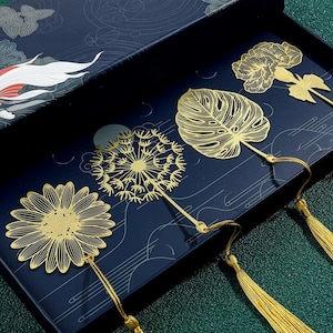 Golden Rose Lotus Metall Lesezeichen mit Box: Messing Flora Lesezeichen, Metall Seitenhalter, Buchclub Geschenk für Leser, Östliche Kunstsammlung