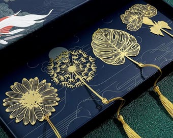 Golden Rose Lotus Metal Bookmark With Box: Brass Flora Reading Marker, Metal Page Holder, Book Club Gift for Readers, Eastern Art Collection