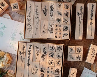 Set of 22 items, Wooden Rubber Stamp, Plant, Leaf, Floral, Decorative Stamp, Journaling Stamp, Stamps for Crafts, Vintage Stationery