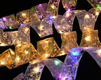 LED Christmas Bow String Lights | DIY Lace Ribbon Tree Ornaments | Holiday Home Decor | Light Up Christmas Garland
