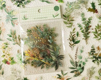 Paquete de 40 hojas de pegatinas decorativas vintage de hojas y flores verdes doradas para álbumes de recortes, diarios y manualidades. Etiquetas elegantes para diarios de naturaleza.