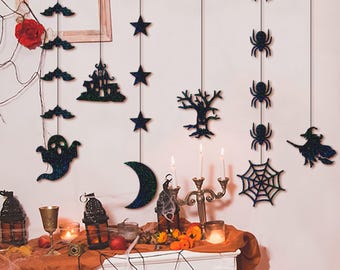 6pc Hanging Ghost Witch Spider Bat Garland - Halloween Decorations | Spooky Banner Set | Indoor Party Decor