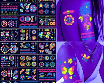 Halloween Glow in the Dark Temporary Tattoos, UV Fluorescent Body Stickers, Face Tattoos, Halloween Party Accessories, Costume Decor