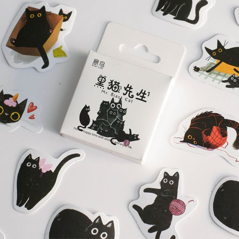 Kawaii Black Cat Stickers Box of 46 Cute DIY Handbook and Decoration ...