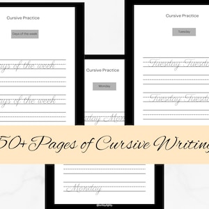 Könnte beinhalten: Eine Sammlung von Übungsblättern für Schreibschrift. Die Blätter zeigen die Wörter "Days of the week", "Tuesday" und "Monday" in Schreibschrift. Das Bild enthält auch den Text "50+ Pages of Cursive Writing".
