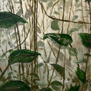 May include: A painting of a forest scene with green leaves and brown branches. The background is a light gray color.