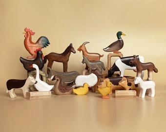 Wooden farm animals & birds set (20 pcs) - Wooden Toys - Wooden cow, pig, sheep, goat, horse and donkey toys - Figurines of domestic birds