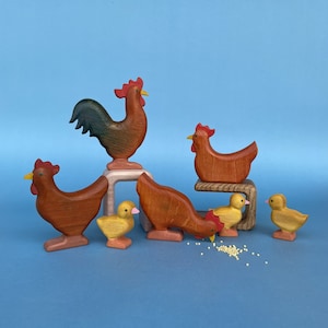 Wooden Farm Animal Toy Set - Rooster, Hens & Chicks | Handmade Eco-friendly Toys for Kids | Educational Montessori Waldorf Toys