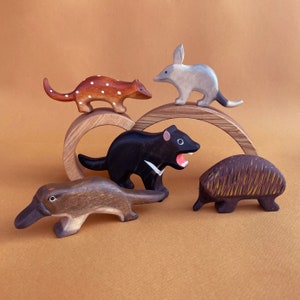 Wooden Australian animals figurines set 5 pcs Wooden toys Animals toys Wooden Bilby Echidna figurines Carved wooden toys image 1