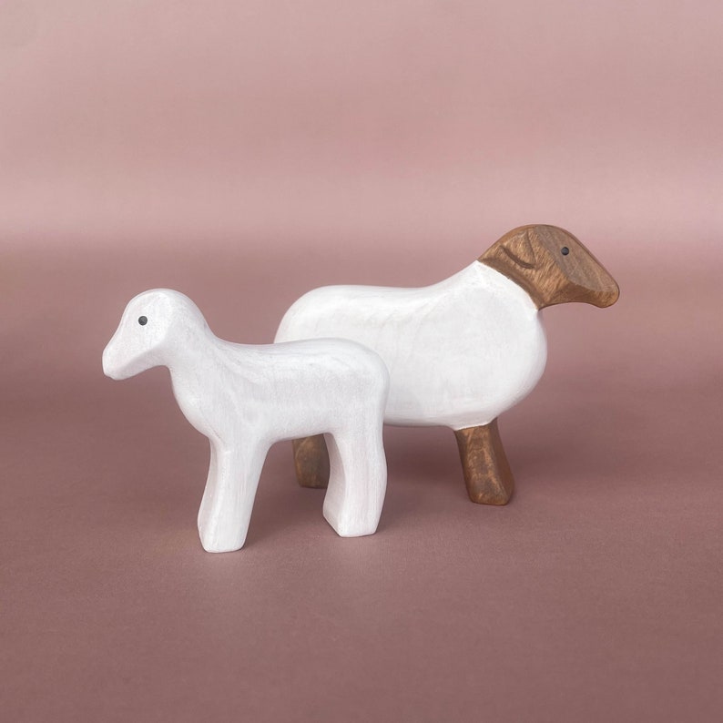 Wooden sheep & lamb toy set 2pcs Wooden Farm Animal Toys Wooden sheep figurine Handmade Eco-friendly Toys for Kids Wooden lamb Toy image 2