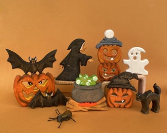 Halloween wooden toys (11 pcs): witch, cauldron, cat, wood pumpkins, bats, spider and ghost - Halloween Decor - Halloween baby gift