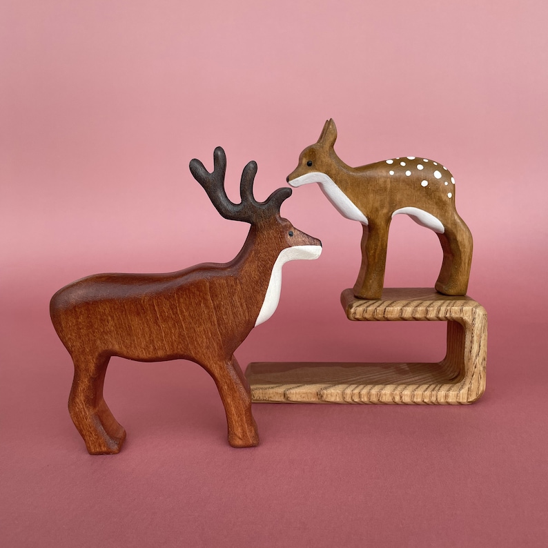 Wooden Deer and fawn figurines 2 pcs Toy wooden animals Handcrafted wooden Toys Wooden deer figurine image 1