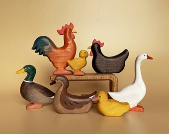 Wooden farm birds (7 pcs) - Wooden toys - Wooden duck, drake, hen, rooster goose toys