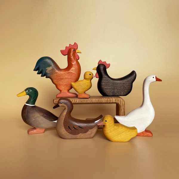 Wooden farm birds (7 pcs) - Wooden toys - Wooden duck, drake, hen, rooster goose toys