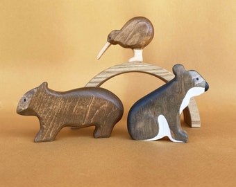 Wooden Australian animals figurines set (3 pcs) - Wooden Animal toys - Wooden Koala Kiwi Wombat figurines - Carved wooden toys