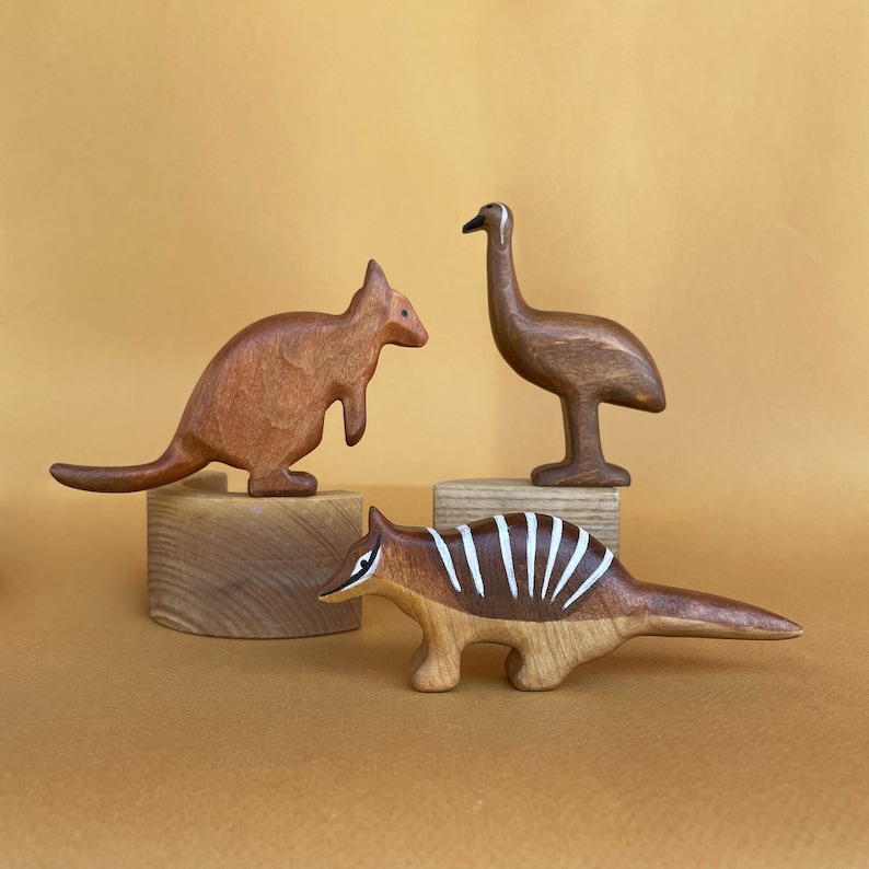 Wooden Australian animals figurines set 3 pcs Wooden Animal toys Wooden ostrich, numbat & quokka figurines Carved wooden toys image 1