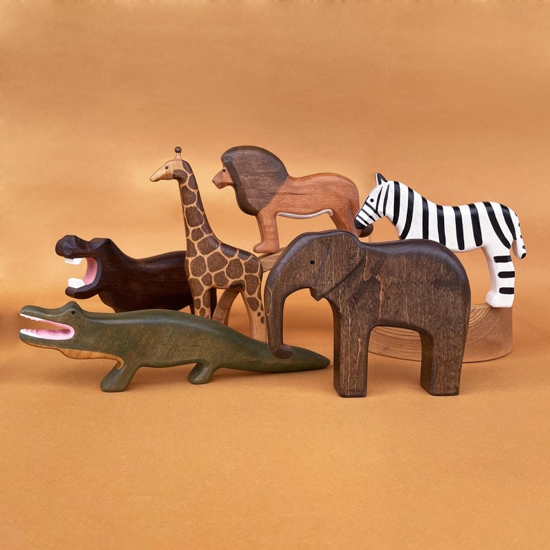 Wooden African animal figurines set 6 pcs Wooden Elephant, Alligator, Zebra, Hippo, Giraffe & Lion toys Wooden Safari animal figurine image 1