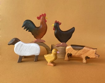 Wooden Toy Set Farm animals (5 pcs) - Wooden pig sheep rooster chicken and chick toys - Gift for Toddlers