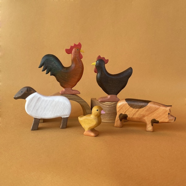 Wooden Toy Set Farm animals (5 pcs) - Wooden pig sheep rooster chicken and chick toys - Gift for Toddlers